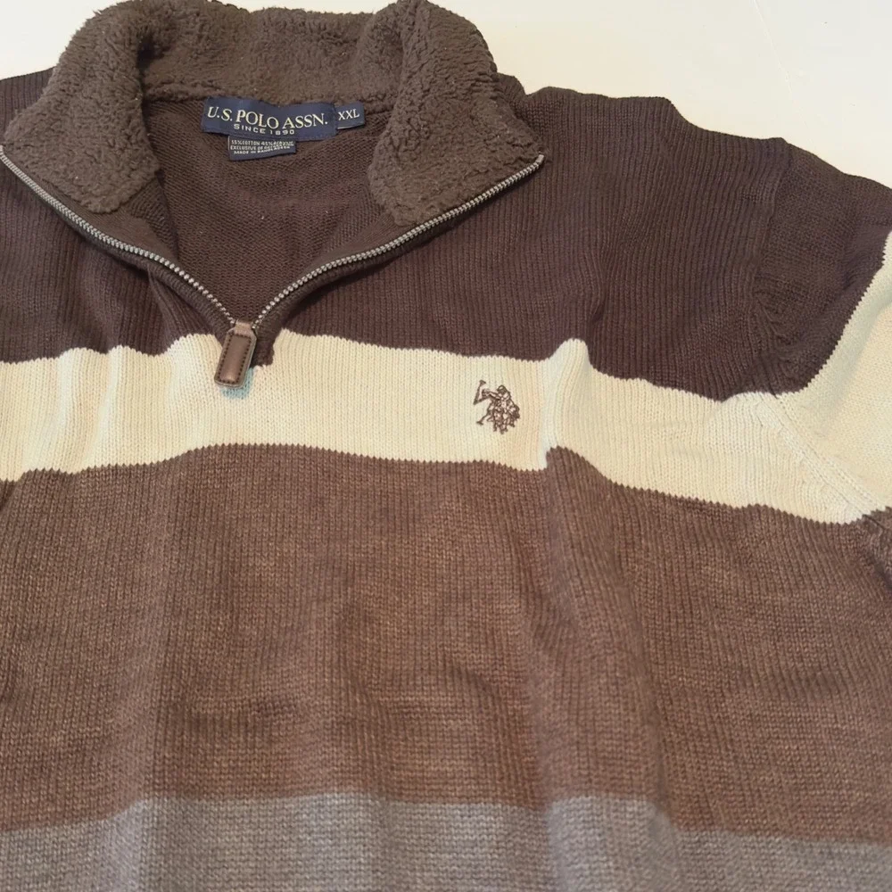 US Polo Assn Quarter Zip Sweater Brown Striped Sherpa Collar XXL